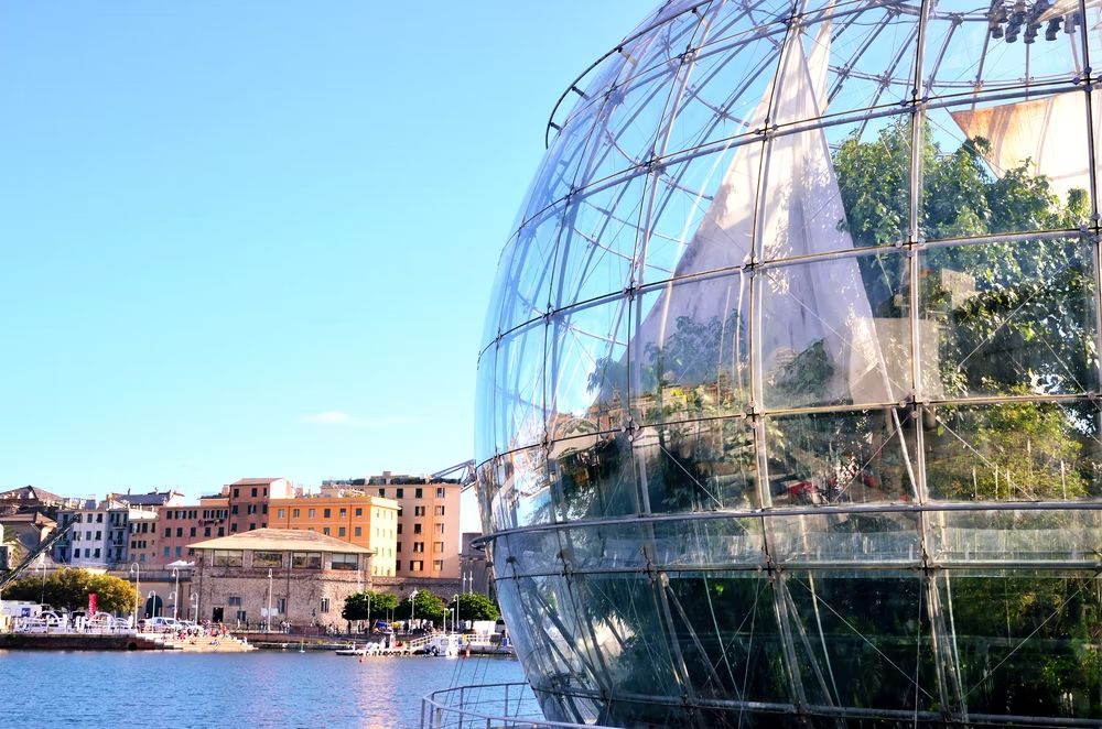 Particolare della struttura di vetro e acciaio della Biosfera di Genova