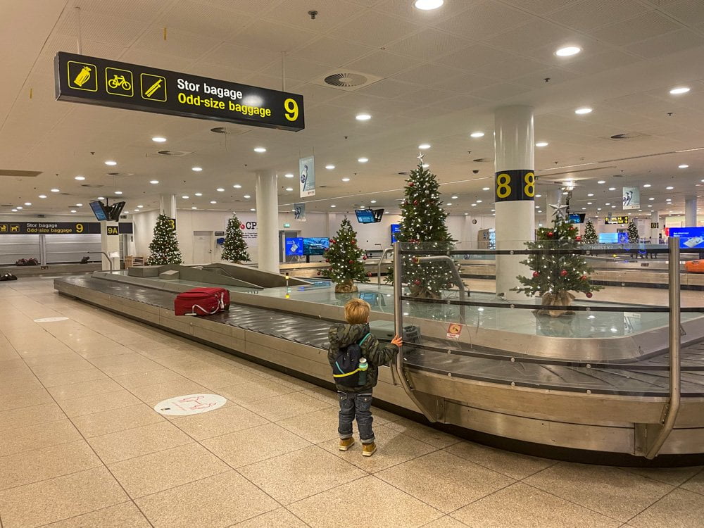 Figlio di Paola Bertoni al nastro bagagli dell'aeroporto di Copenaghen