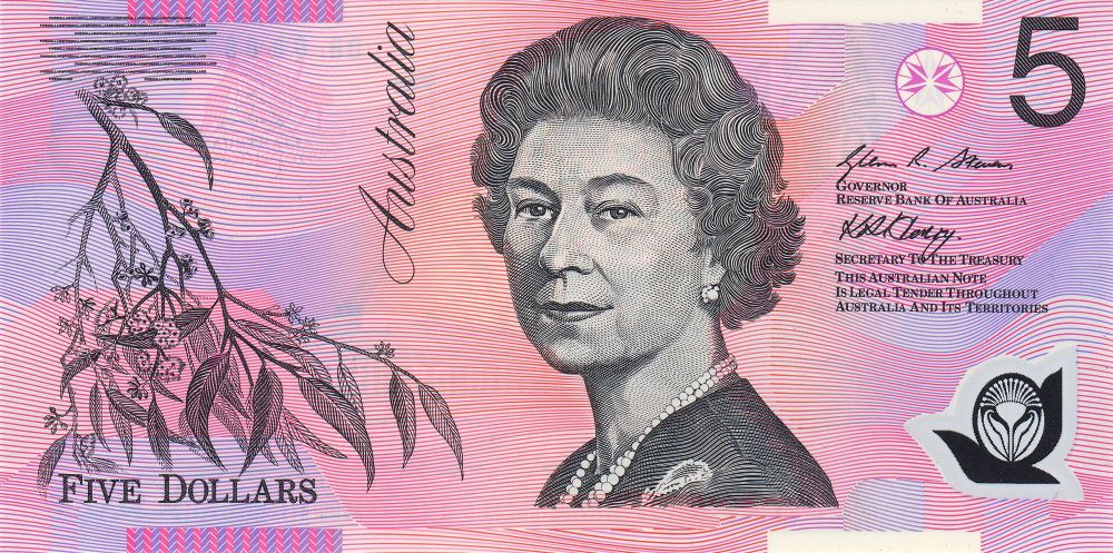 La banconota da 5 AUD con il ritratto della Regina Elisabetta II