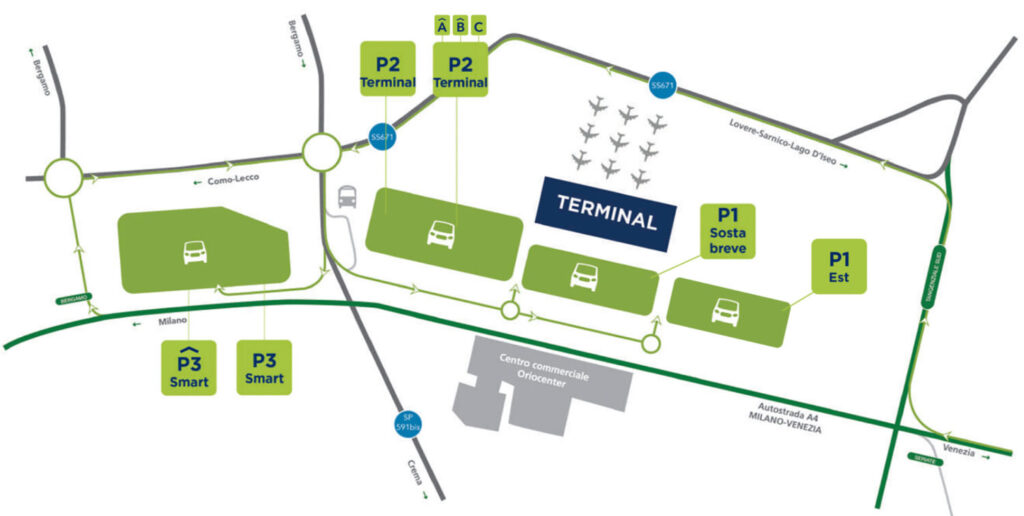 Mappa dei parcheggi ufficiali dell'aeroporto di Bergamo Orio al Serio