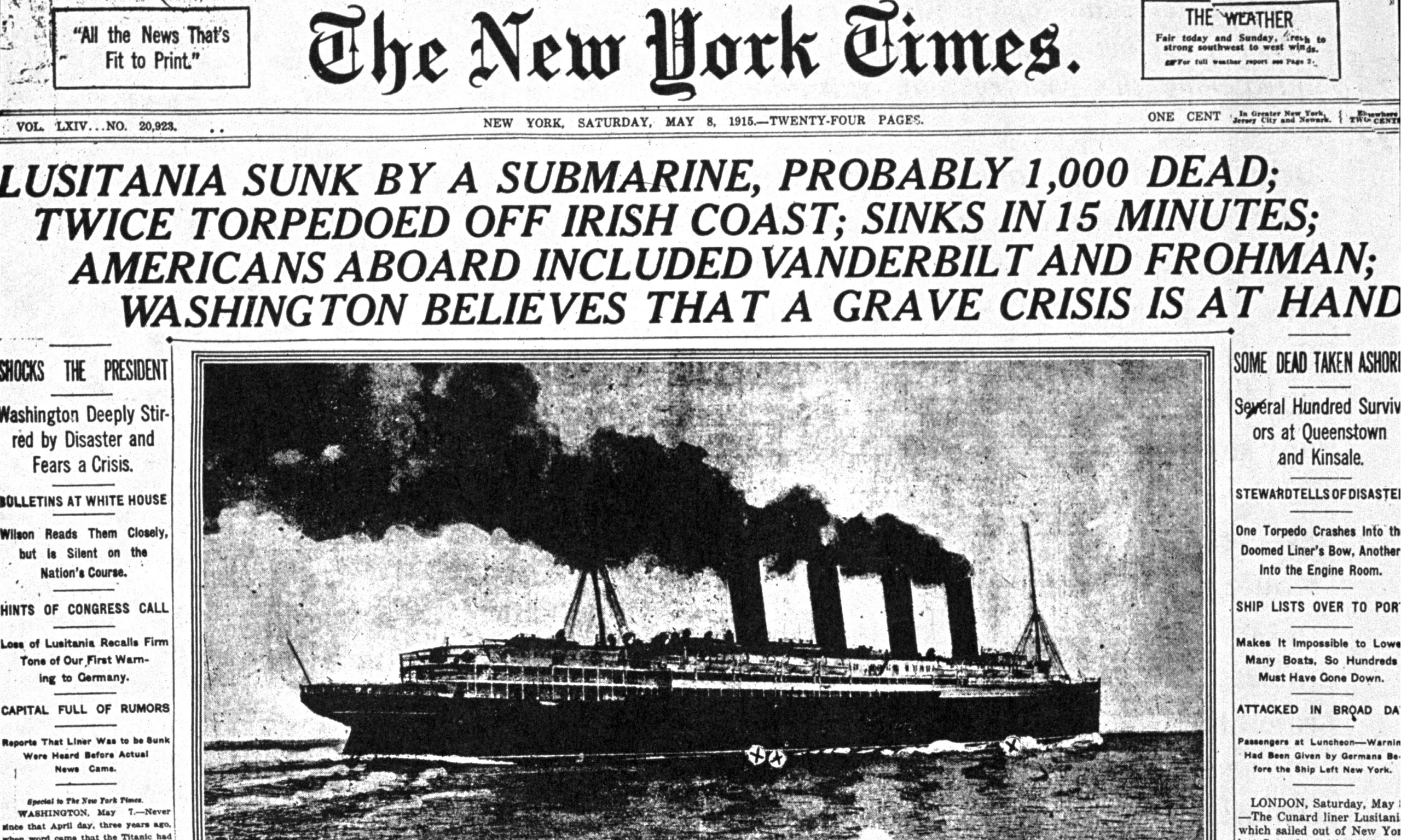 La copertina del New York Times sull'affondamento del Lusitania