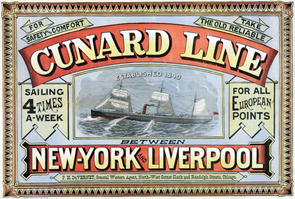 Pubblicità dei viaggi transatlantici della Cunard Line da Liverpool a New York
