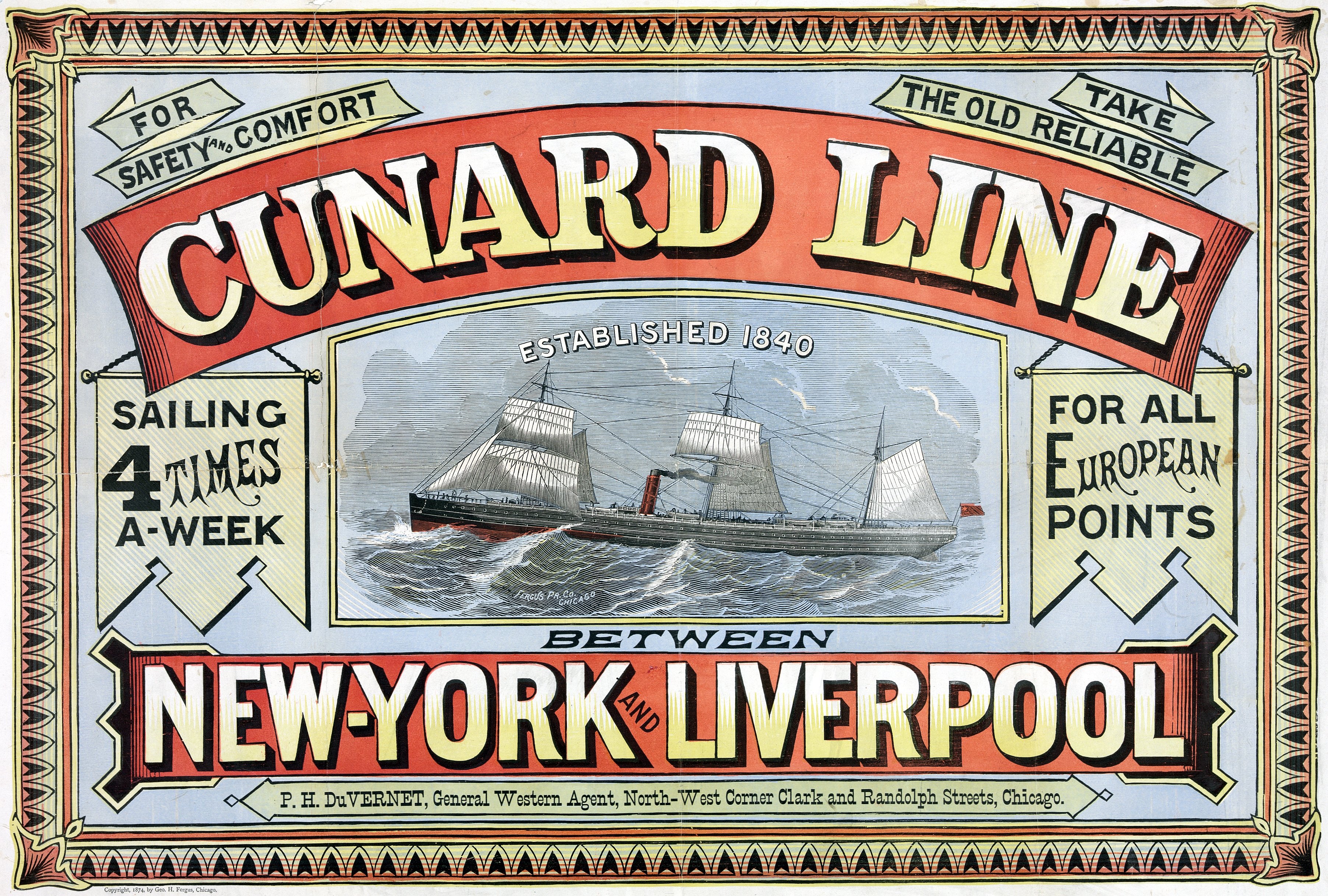 Pubblicità dei viaggi transatlantici della Cunard Line da Liverpool a New York
