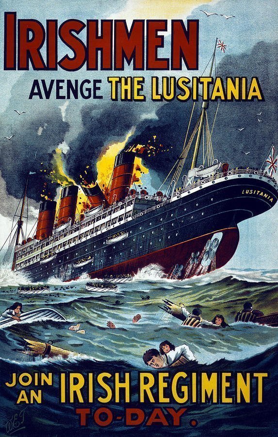 Manifesto di una campagna di arruolamento degli USA nella prima guerra mondiale che riprende l'affondamento tedesco del Lusitania