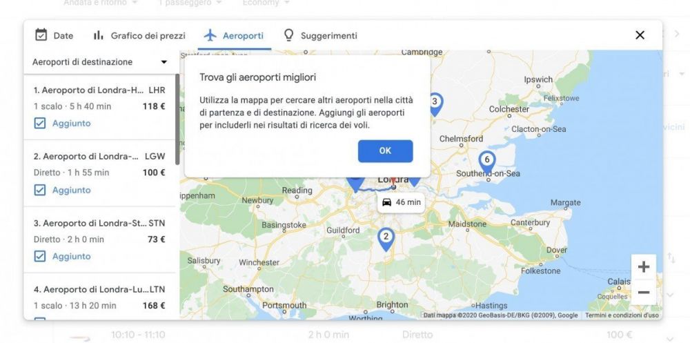 Mappa degli aeroporti vicini su Google Voli Google Flights