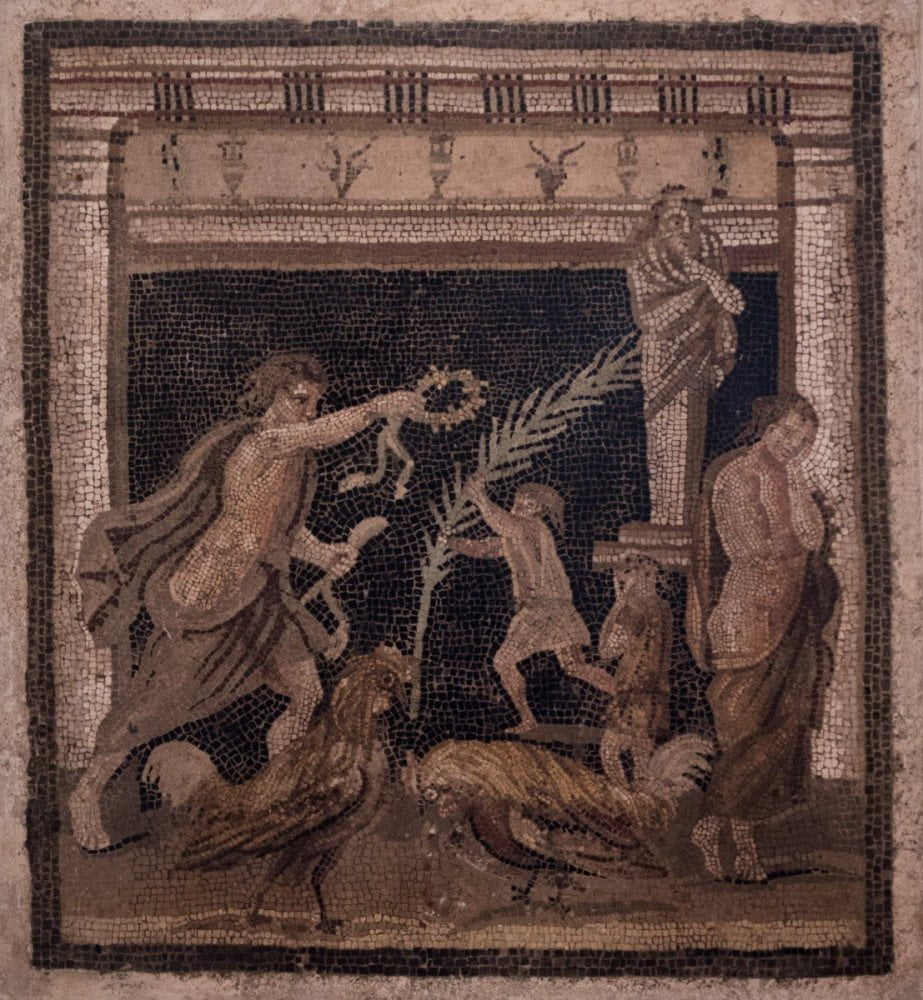Mosaico di Pompei con persone e animali da cortile, galline o galli