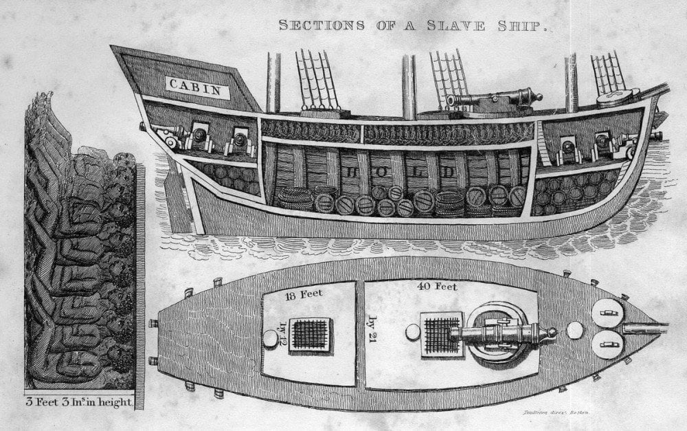 Sezione di una nave per il trasporto e commercio degli schiavi