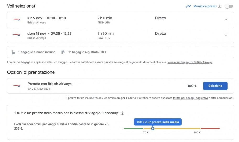 Pagina di prenotazione dei voli su Google Voli Google Flights