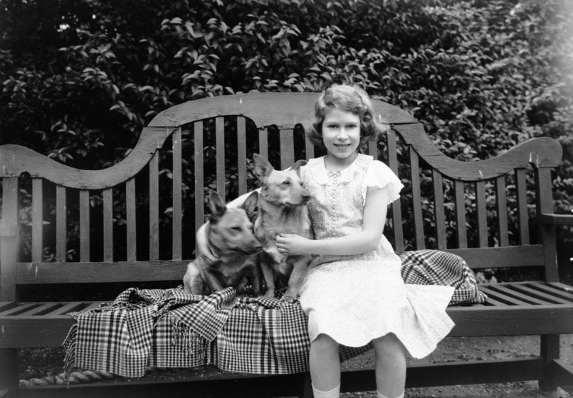 la regina Elisabetta II da bambina con i suoi Welsh Corgi